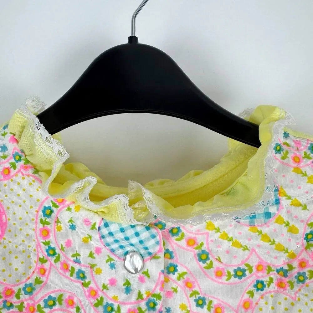 VTG Her Majesty Pajama Nightgown Girls 8 Flannel Lace Trim Yellow Quilted USA